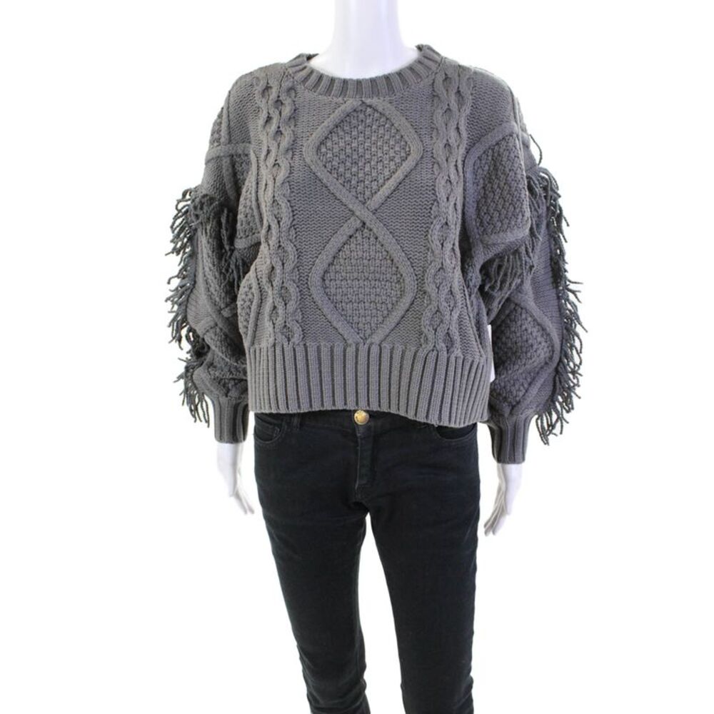 Line And Dot Women's Long Sleeves Fringe Cable-Knit Sweater Gray Size XS